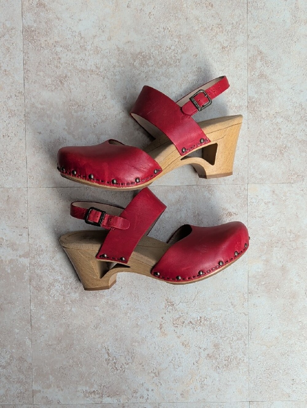 Dansko Red Leather Studded Clog Sandals With Heel - Picture 8 of 9